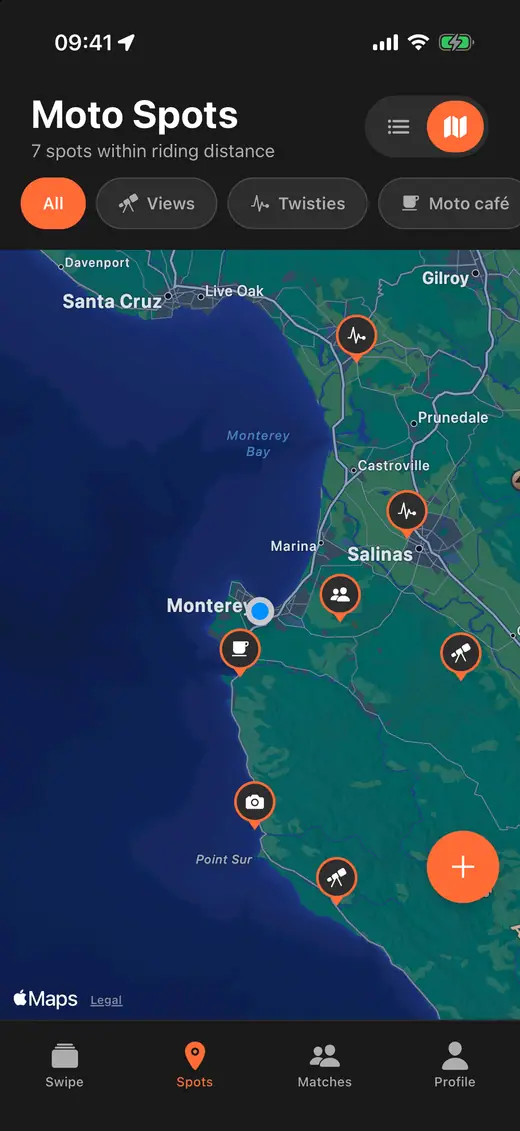 Revamigo Moto Spots map with views, twisties and moto cafés near the rider