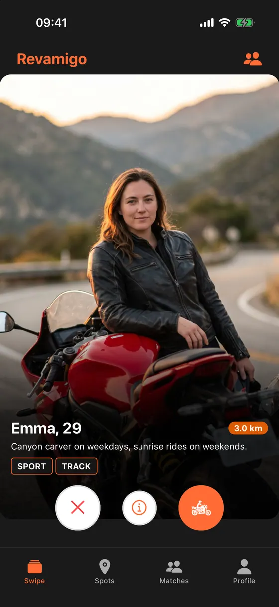 Revamigo app showing a rider nearby with her sport bike and riding style