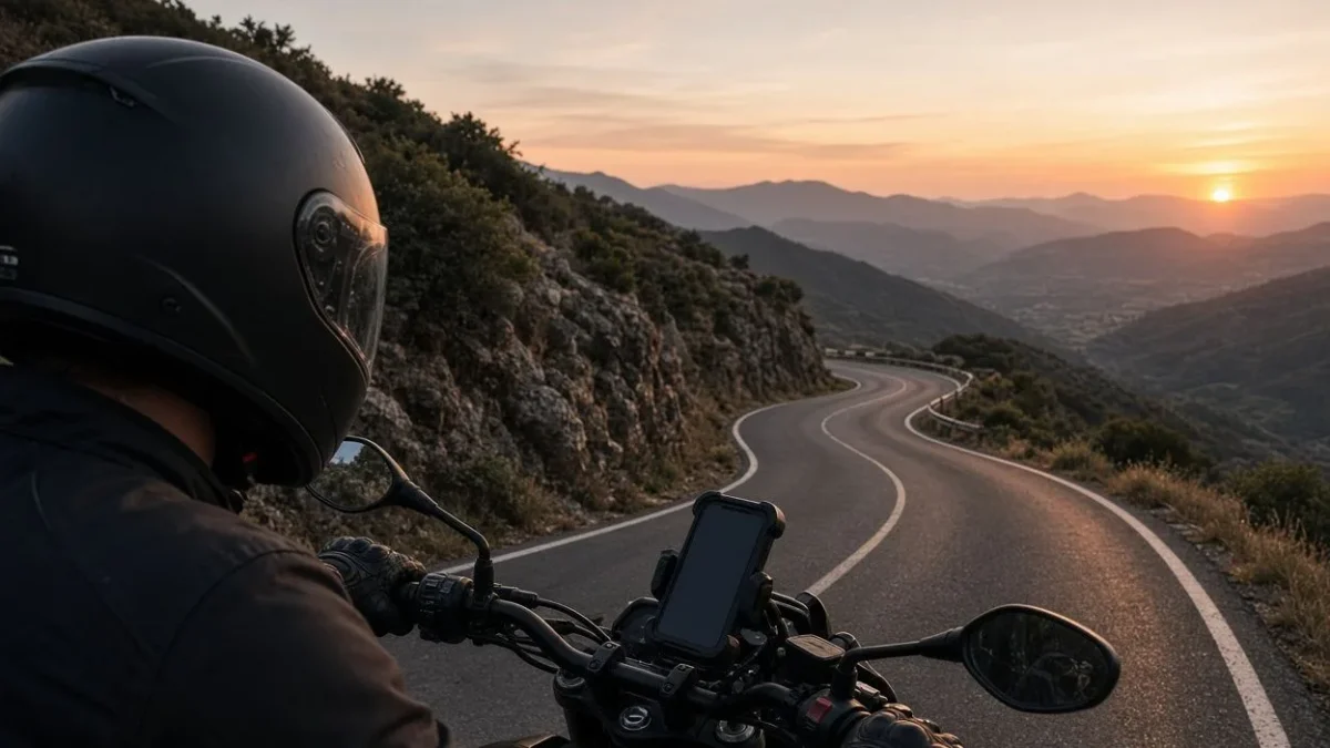 Motorcycle handlebar with a phone mount and a winding road ahead at dusk