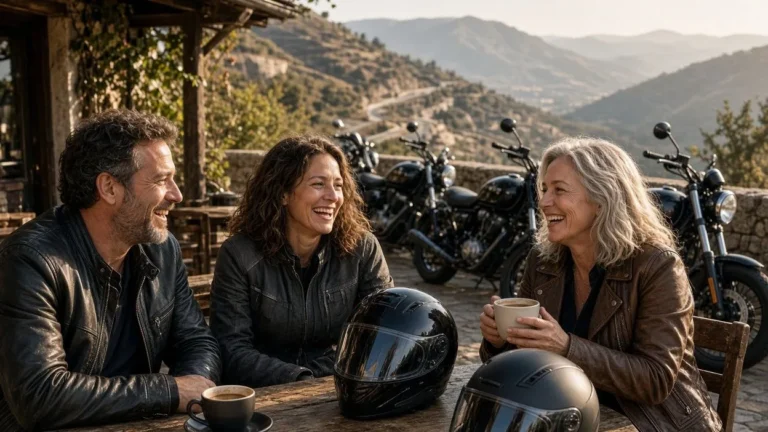 Riders chatting over coffee at a biker café with their motorcycles parked outside
