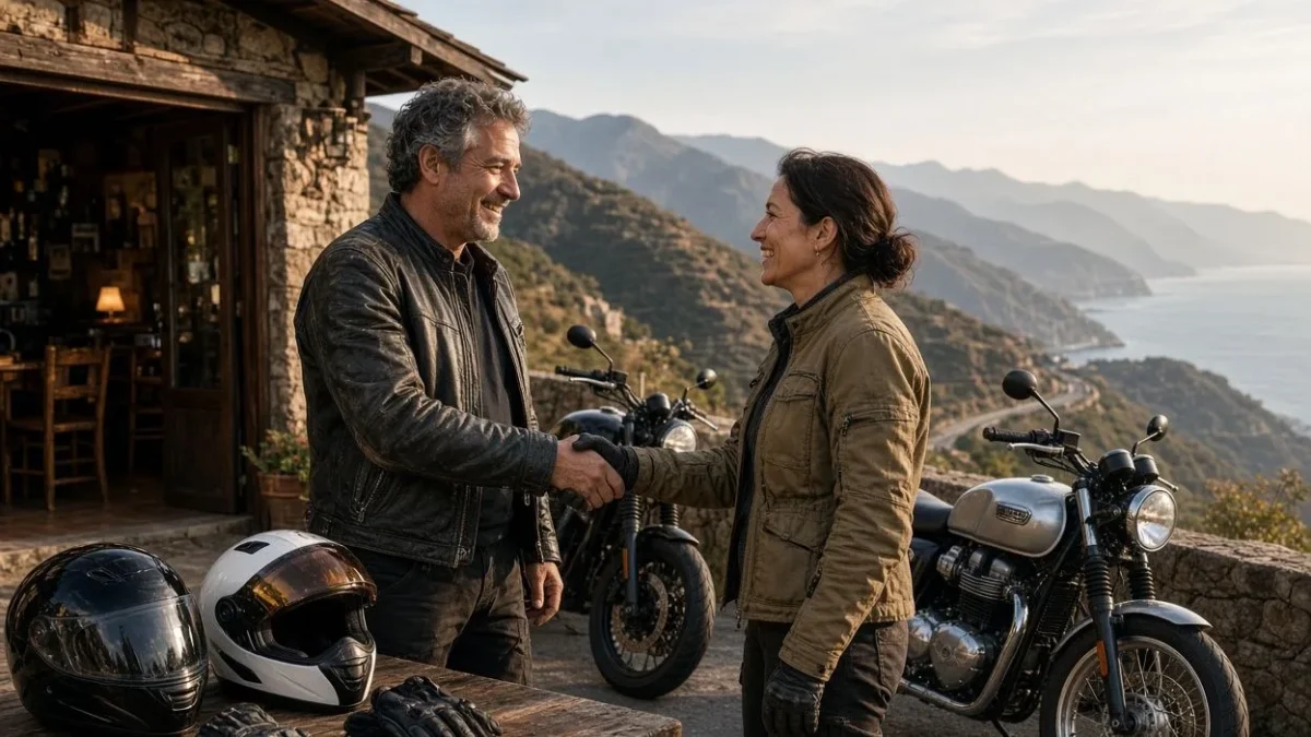 Two riders meeting for the first time at a roadside café before riding together