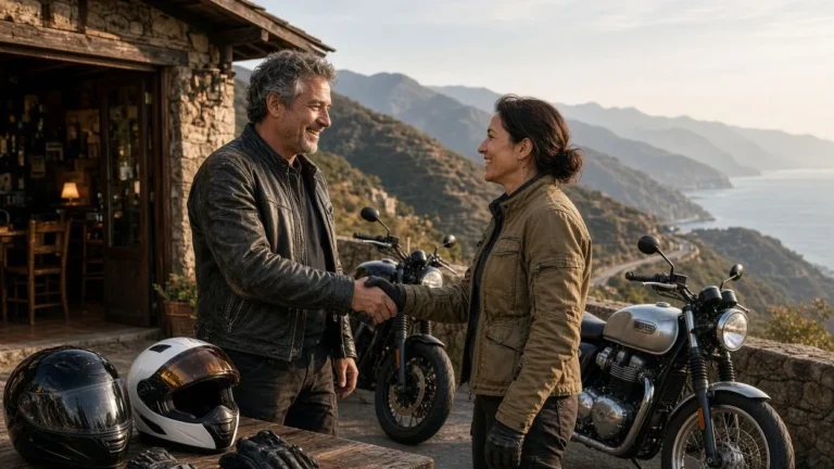 Two riders meeting for the first time at a roadside café before riding together