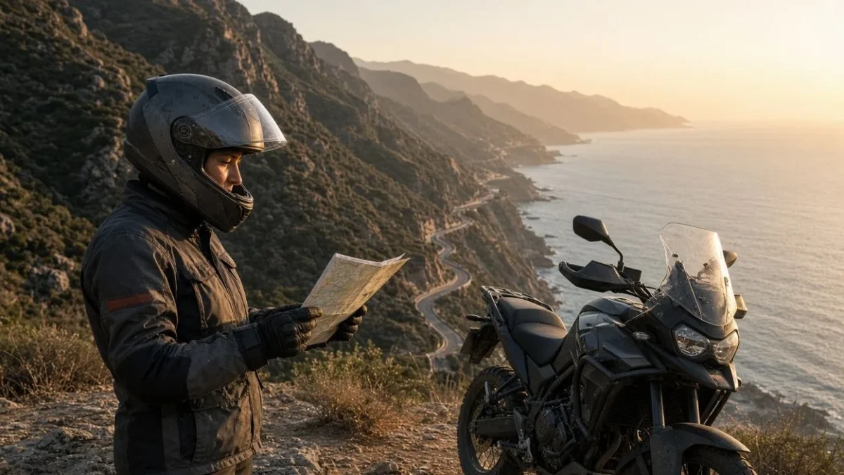 A rider at a coastal viewpoint next to a parked motorcycle