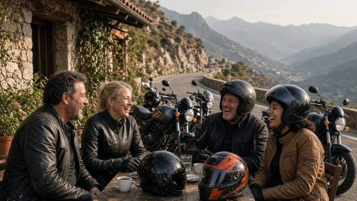 Motorcyclists laughing together at a moto cafe