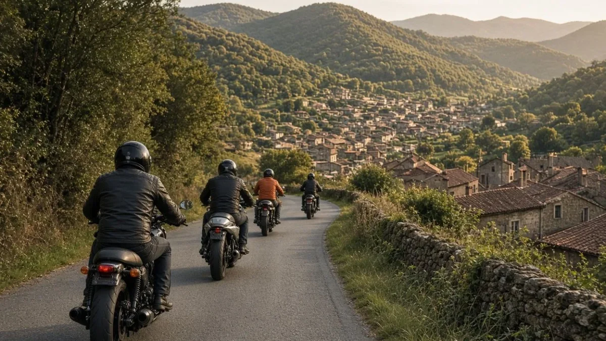 A group of motorcyclists riding together on a country road