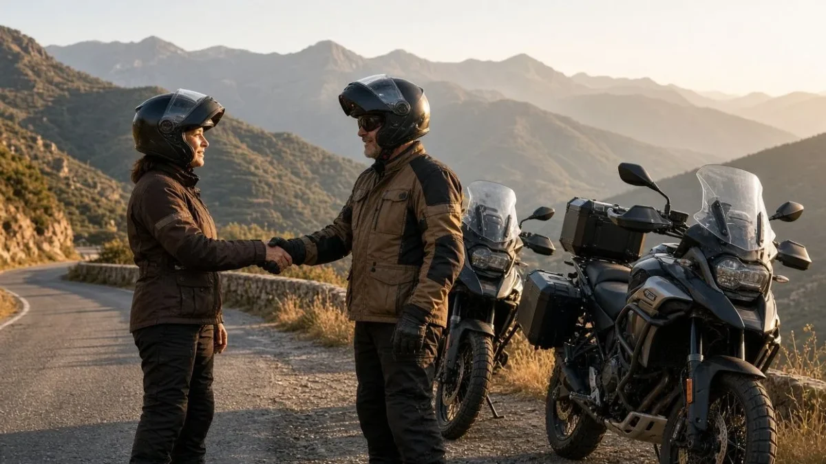 Two riders meeting at a roadside viewpoint next to their motorcycles