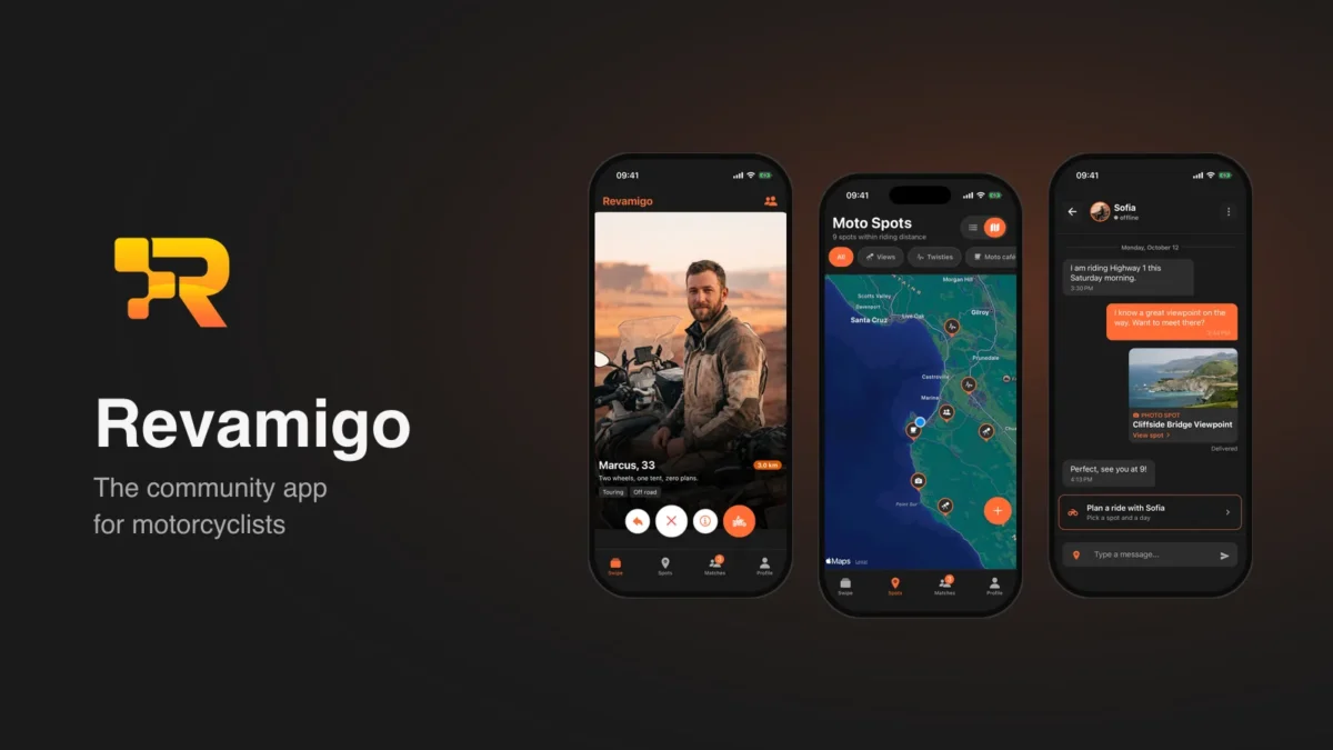 Revamigo app screens: find riders, Moto Spots map and chat