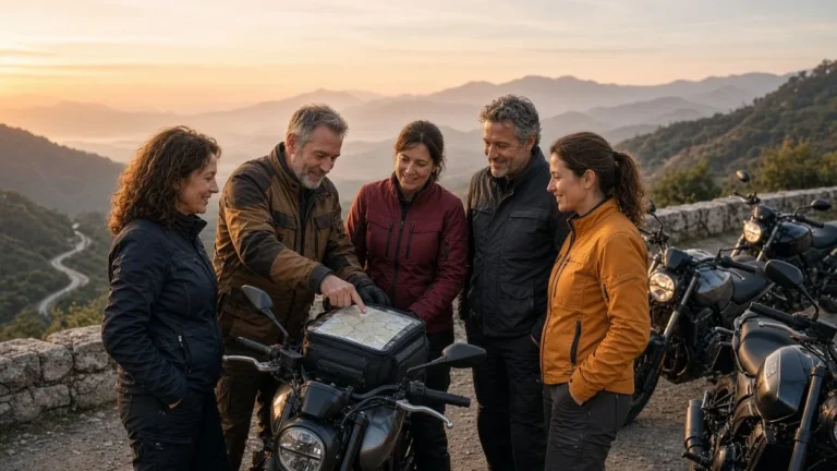 Riders gathered at a roadside meeting point planning the route for a group ride