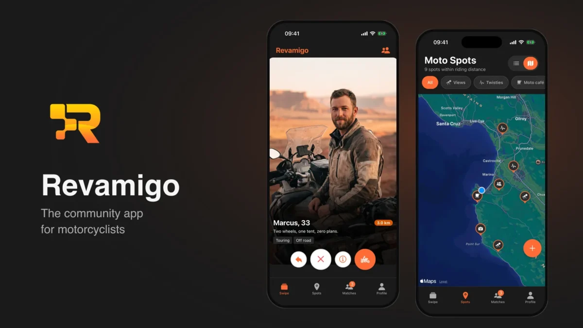 Revamigo app screens for finding riders and Moto Spots