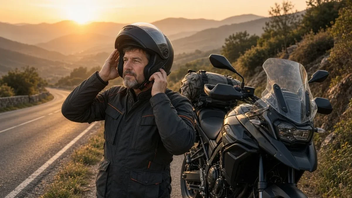 Rider putting on his helmet at sunrise, ready to ride again