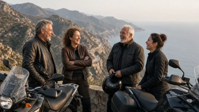 Group of riders laughing together at a scenic viewpoint with their motorcycles